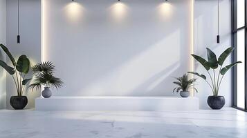 A white room with a white wall and a white bench photo