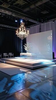 Elegant Event Stage with Chandelier and Modern Decor photo