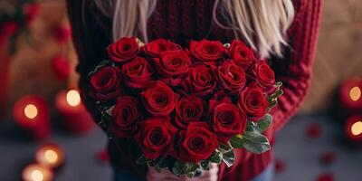 Heart-shaped bouquet of red roses being presented to a loved one photo