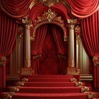 Luxurious Red and Gold Theater Stage with Ornate Curtains and Decorative Columns in Classic Style photo