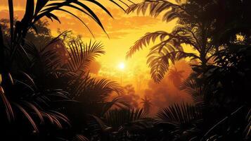 Silhouetted rainforest foliage creating a tranquil scene at sunset. photo