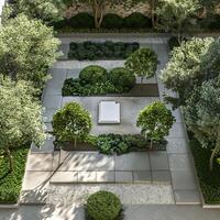 Modern Zen Garden with Geometric Design and Lush Greenery photo