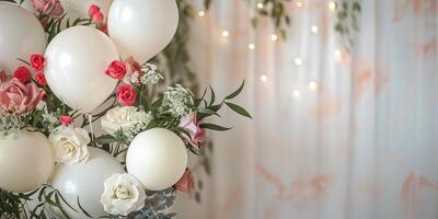 A white balloon bouquet with pink flowers and white balloons photo