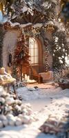 A snow covered house with a Christmas tree in front of it photo
