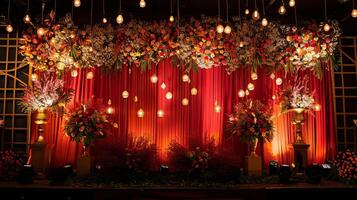 A red backdrop with flowers and lights photo