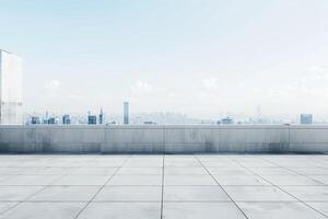 Modern Urban Skyline View from a Minimalist Rooftop with Clear Blue Sky photo