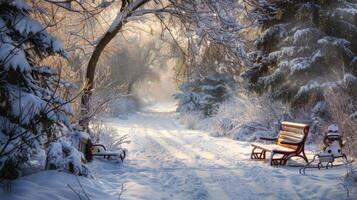 Serene Winter Wonderland Pathway with Snow-Covered Trees and Benches photo