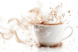 Steaming Cup of Coffee with Whipped Cream and Cocoa Powder Explosion on White Background photo