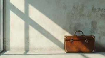 A brown suitcase is sitting on a wall photo