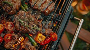 Aerial shot of a barbecue grill sizzling with steaks and vegetables photo