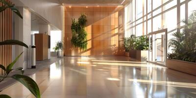 Modern Office Lobby with Sunlit Interior and Green Plants photo