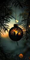 A Christmas ornament hanging from a tree photo
