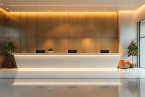 Modern Office Reception Area with Sleek Design and Warm Lighting photo