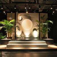Modern Stage Setup with Elegant Lighting and Greenery for Events photo