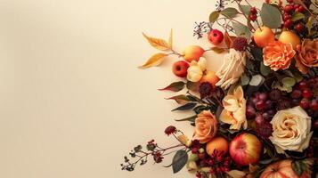 Copy space adorned with a bouquet of autumn flowers and fruits photo