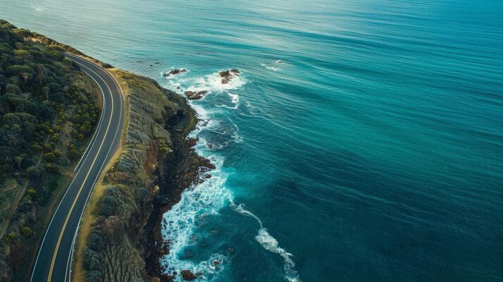 Drone shot of a coastal road trip with ocean views