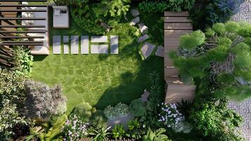 Aerial View of Modern Backyard Garden with Lush Greenery photo