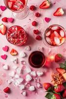 Flat lay composition of love-themed cocktails and drinks for a Valentine's Day photo