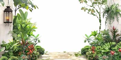 Lush Green Garden Pathway with Lantern and Tropical Plants on White Background photo