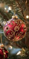 A red ornament with gold trim hangs on a Christmas tree photo