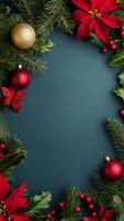 Festive Christmas Background with Pine Branches, Red Poinsettias photo
