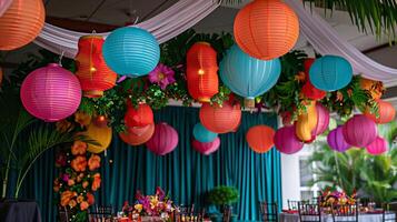 A room with a blue curtain and colorful lanterns hanging from the ceiling photo