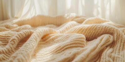 Cozy Knitted Blanket in Soft Sunlight Creating a Warm and Inviting Atmosphere photo