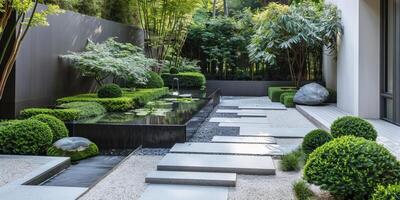 Modern Zen Garden with Tranquil Water Feature and Lush Greenery photo
