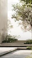 Modern Minimalist Garden Path with Blossoming Trees and Concrete Step photo