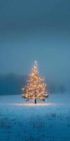 Solitary Christmas Tree Illuminated with Warm Lights in a Snowy Field on a Foggy Winter Evening photo
