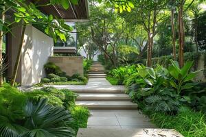Modern Tropical Garden Pathway with Lush Greenery photo
