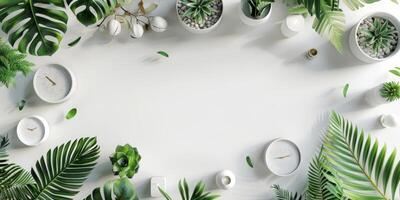 Minimalist Greenery Flat Lay with Succulents and Tropical Leaves on White Background photo