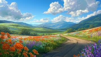 Open space above a winding road bordered by fields of vibrant wildflowers photo
