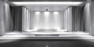 Modern Minimalist Stage Design with Sleek White and Gray Elements photo