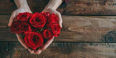 Heart-shaped bouquet of red roses being presented to a loved one photo
