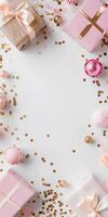A white background with a pink and gold box in the center photo