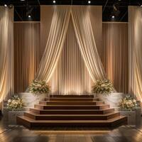Elegant Wedding Stage with Luxurious Drapes and Floral Arrangements photo