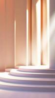 Sunlit Abstract Architectural Interior with Curved Steps and Soft Pastel Tones photo