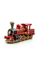 A toy train with a red engine and black wheels photo