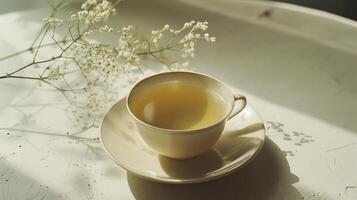 Zen-like simplicity captured in a cup of herbal tea on a saucer photo