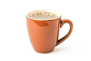 Close-Up of a Brown Coffee Mug Filled with Frothy Cappuccino on a White Background photo