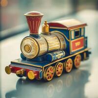 Vintage Toy Train Locomotive on Display with Soft Focus Background photo