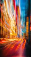 Vibrant Abstract Light Trails in Urban Nightscape Capturing Dynamic City Energy and Motion photo