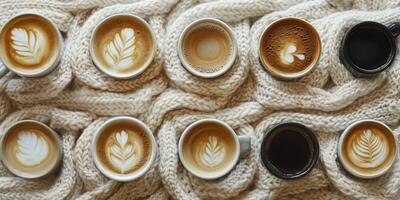 Cozy Arrangement of Coffee Cups with Latte Art on Knitted Woolen Background photo