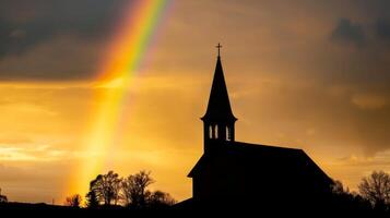 Backlit silhouette of a church spire reaching towards a rainbow photo