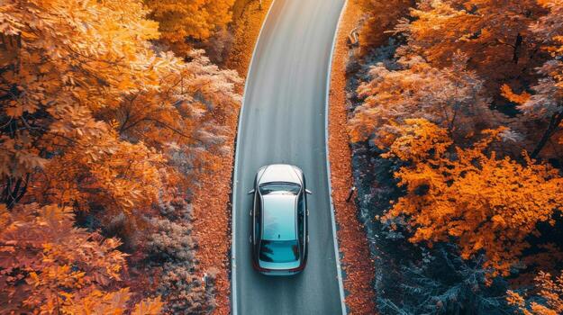 A car is driving down a road with trees on either side photo