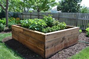 Elevated Wooden Garden Bed with Lush Green Plants photo