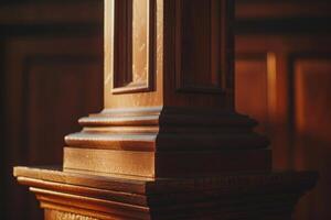 Warm Sunlight Illuminating Detailed Wooden Column in Classic Interior Setting photo