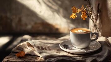 Cozy Morning Coffee with Latte Art in Sunlit Rustic Setting photo