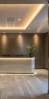 Modern Office Reception Area with Elegant Lighting and Contemporary Design photo